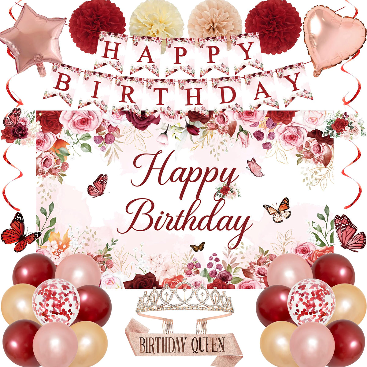 Trgowaul rose gold flower peony banner enhances a chic birthday setup