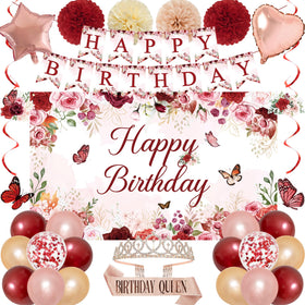 Trgowaul rose gold flower peony banner enhances a chic birthday setup