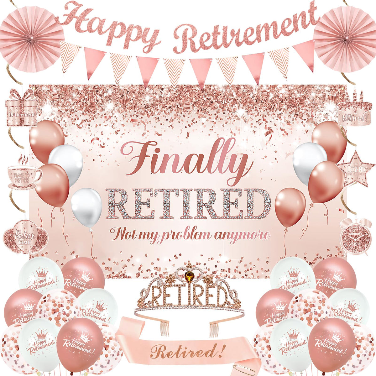 Trgowaul rose gold retirement banner backdrop for an elegant party setup