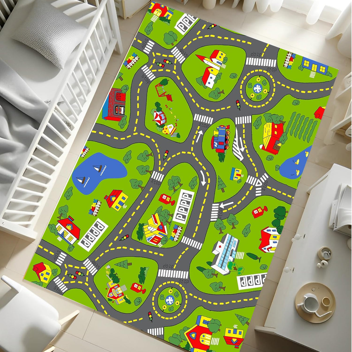 TRHEAVNIC traffic and trains image supports active, dynamic play.