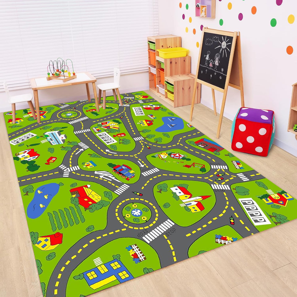 TRHEAVNIC town city road map playmat front view with non-slip backing for stable play.