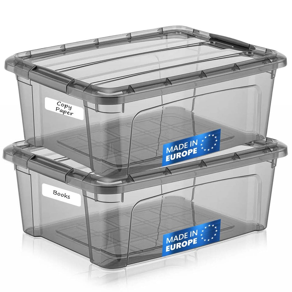Tribello 12.5 quart storage bin with lids for easy access and organized shelves.