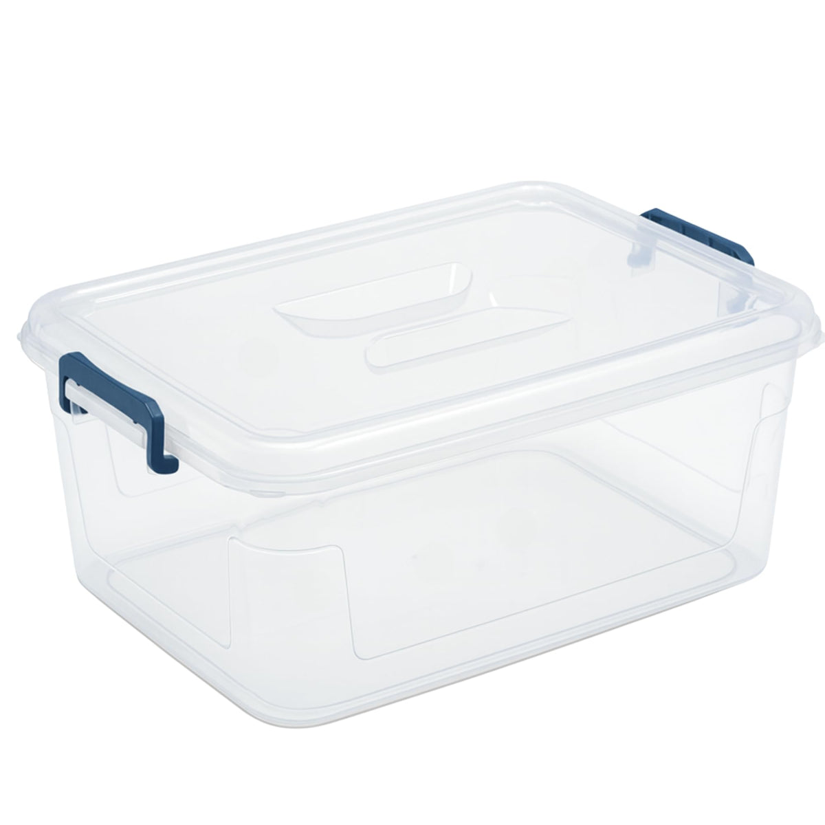 Tribello 21QT clear stackable storage bin with lid for quick viewing.