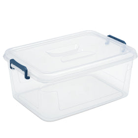 Tribello 21QT clear stackable storage bin with lid for quick viewing.