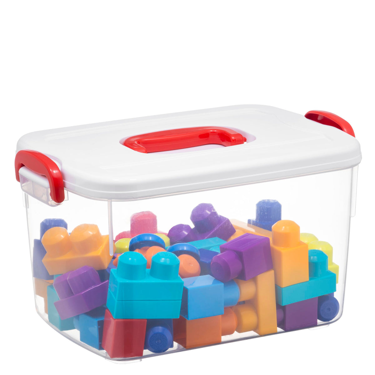 Tribello clear storage bin with lid and handle for clutter-free shelves.