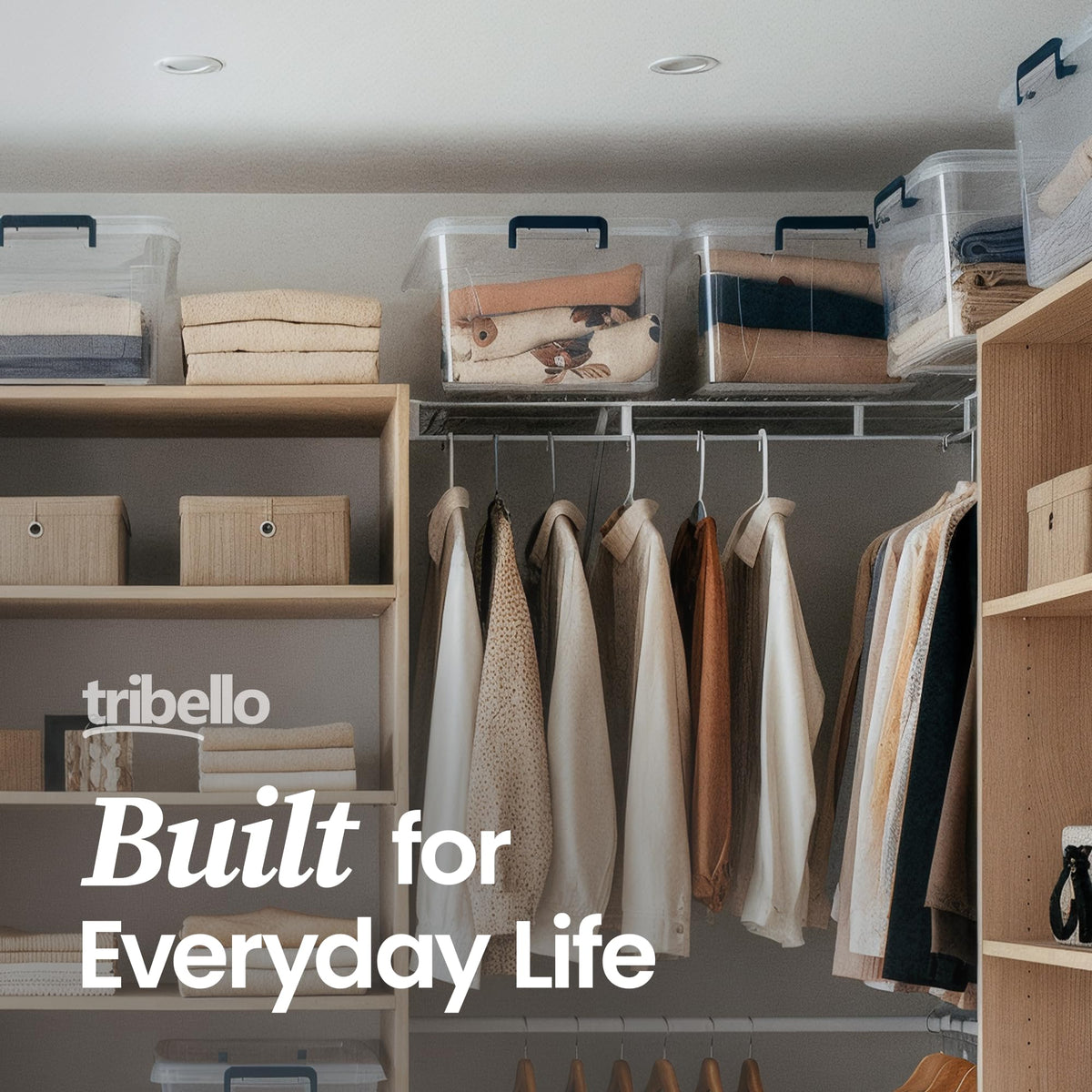 Tribello transparent bin keeps clothing, crafts, and pantry items visible.