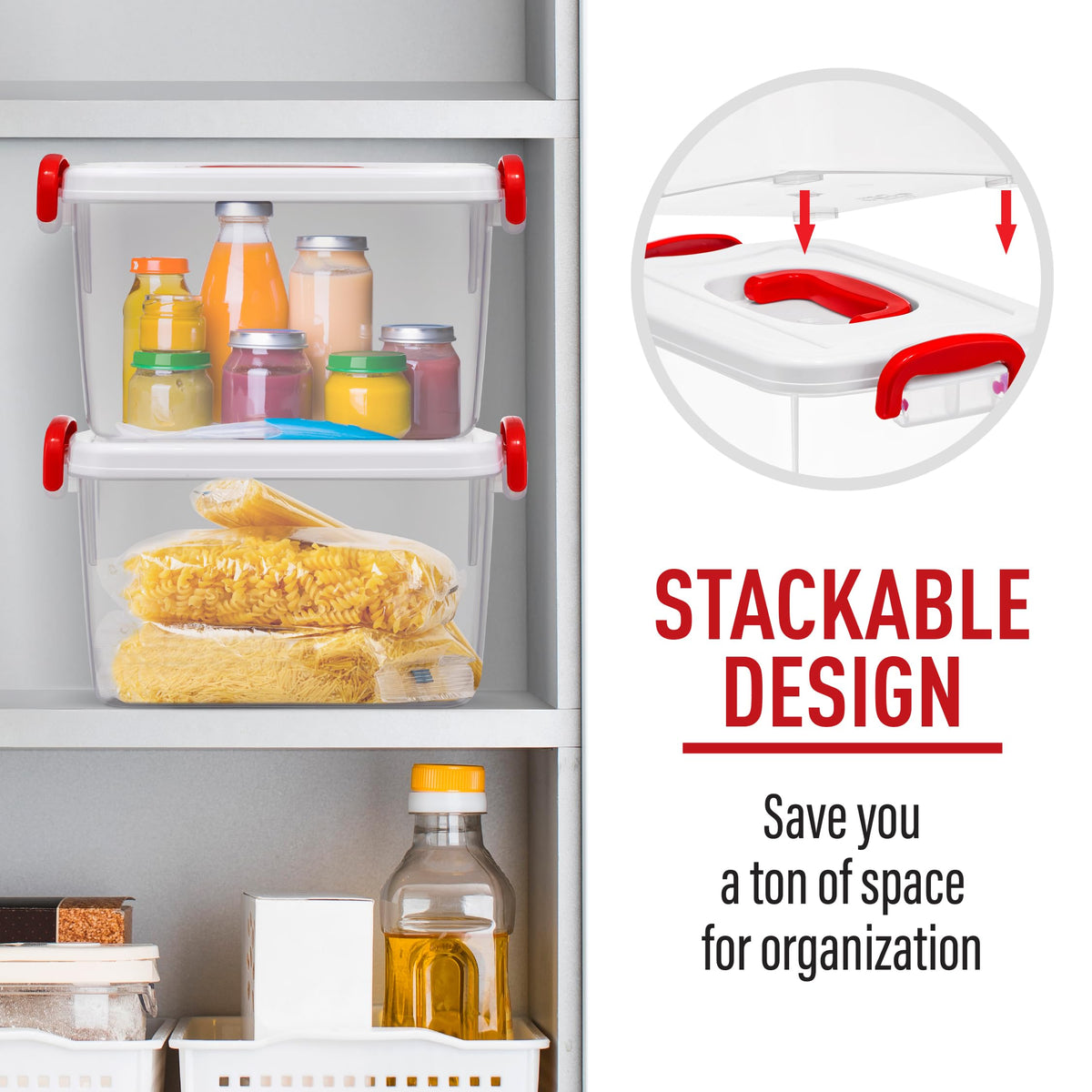 Tribello flat lid enables stable stacking on shelves.