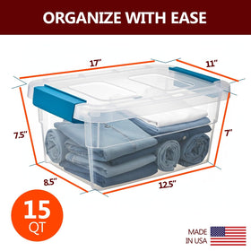 Tribello stackable clear bin with lid, space-saving organizer.