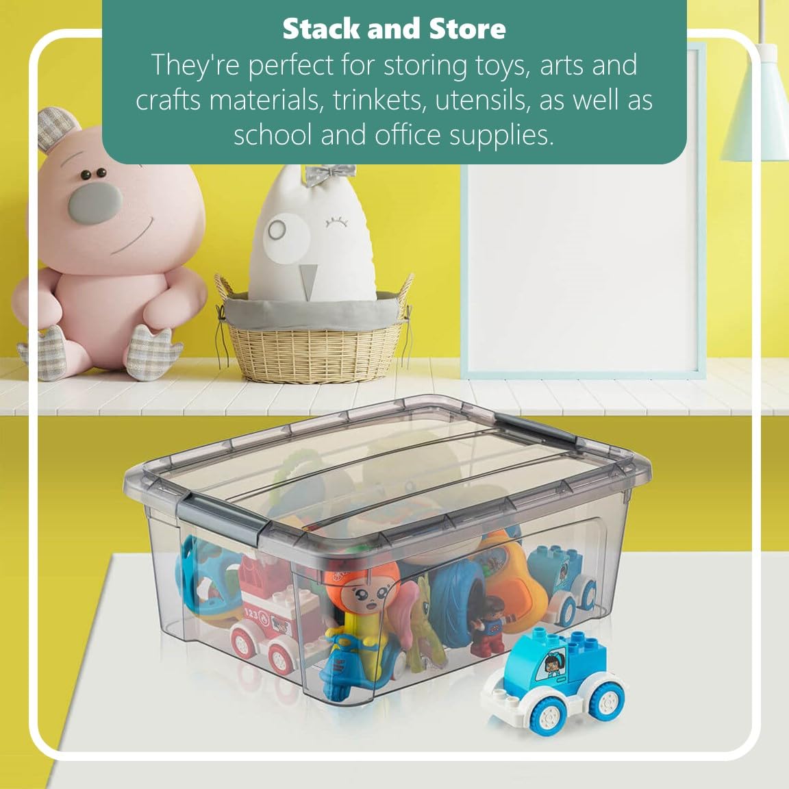 Tribello stackable storage bin saves space on crowded shelves.