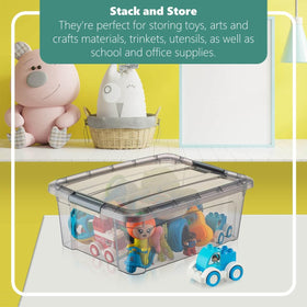 Tribello stackable storage bin saves space on crowded shelves.