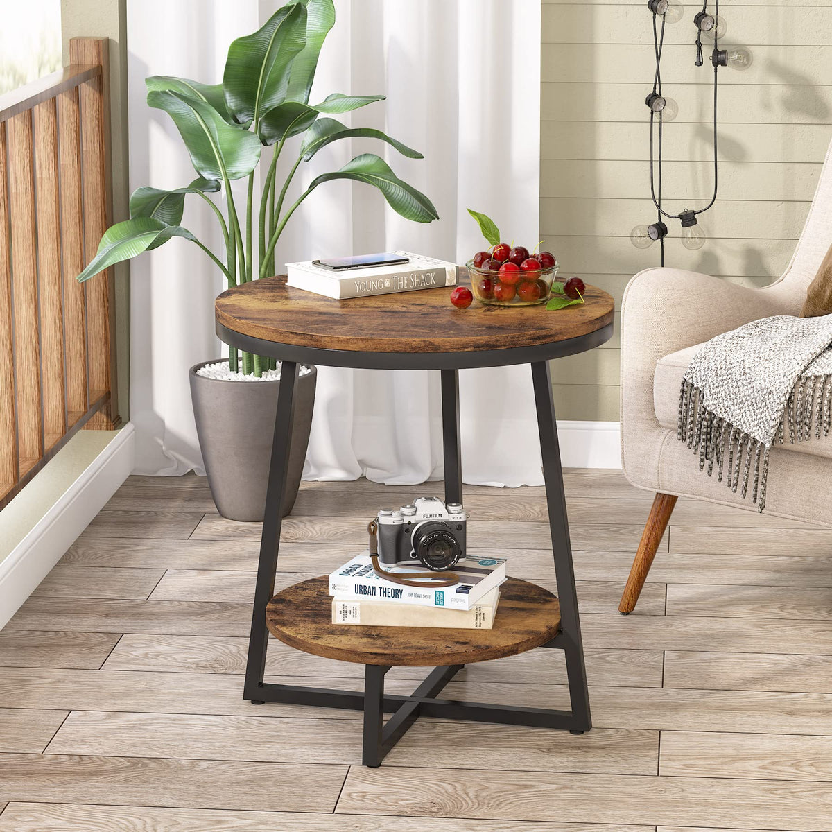 Tribesigns round nightstand with black metal frame in a modern living room.