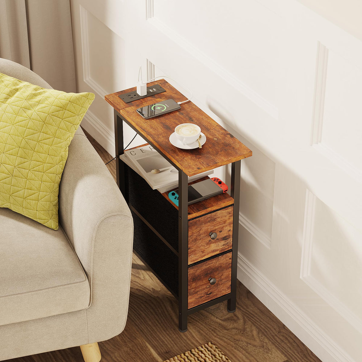 TRIFEBLE end table’s sturdy particleboard and steel frame endure daily use
