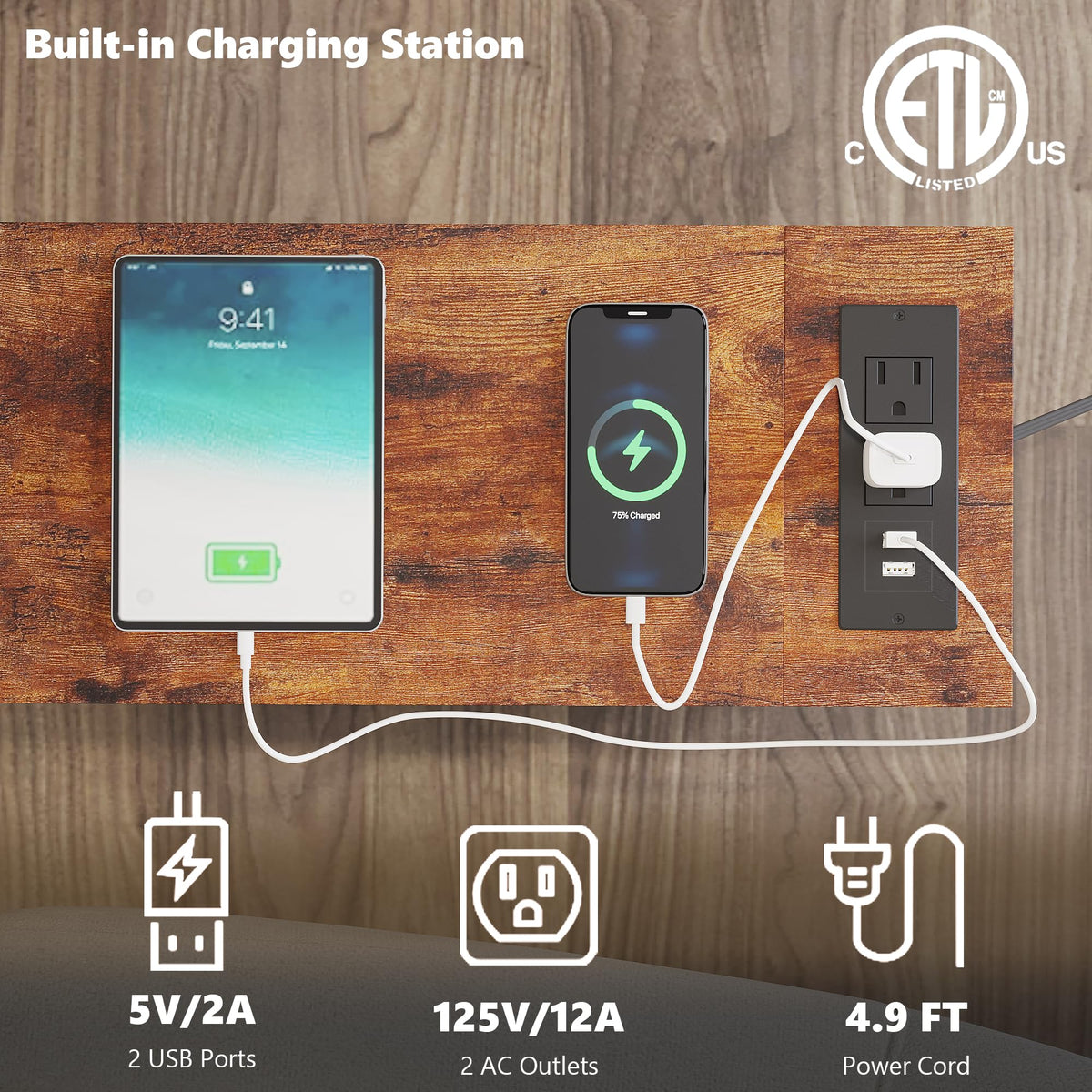 TRIFEBLE end table with built-in USB outlets for bedside charging