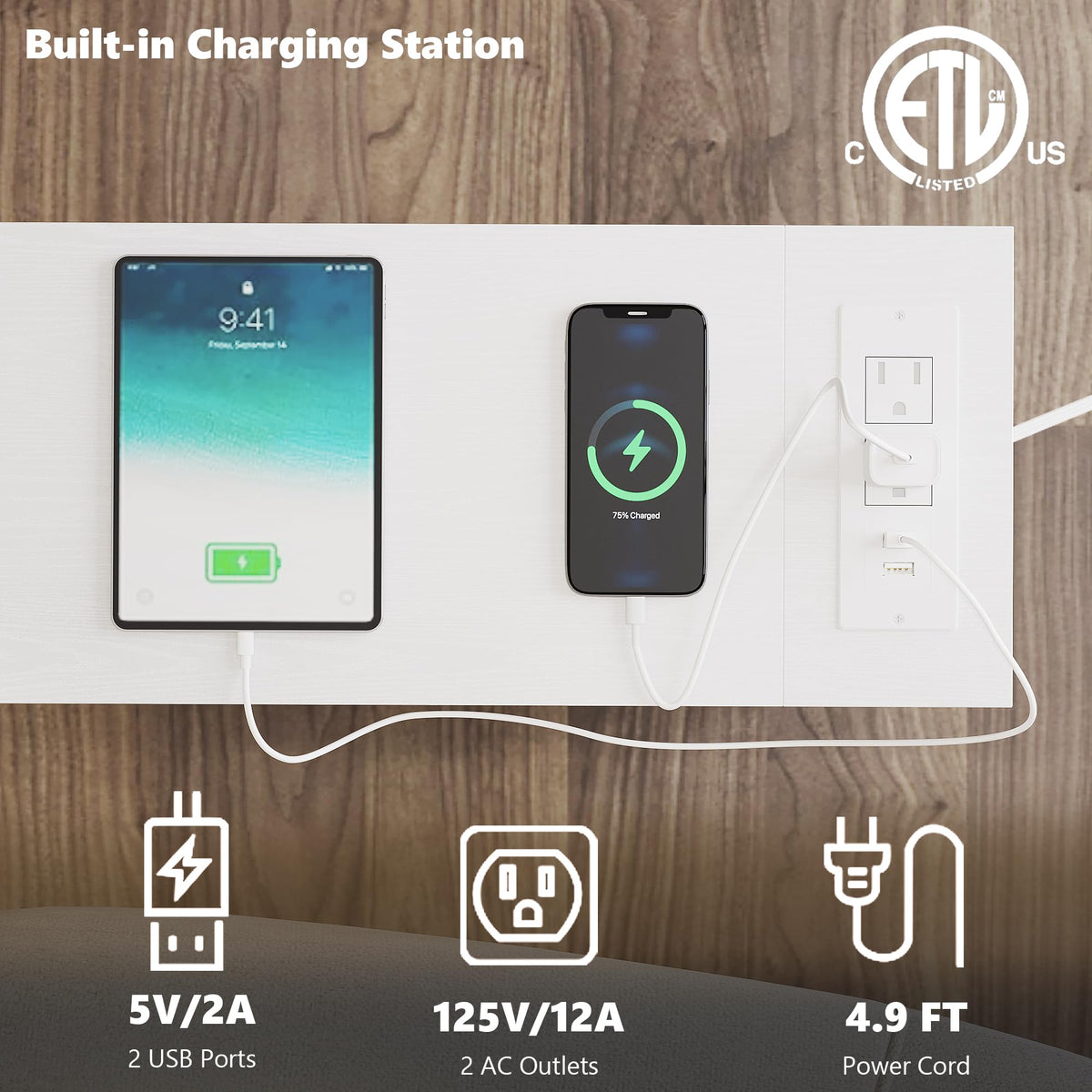 TRIFEBLE end table charging station powers devices with USB and outlets.