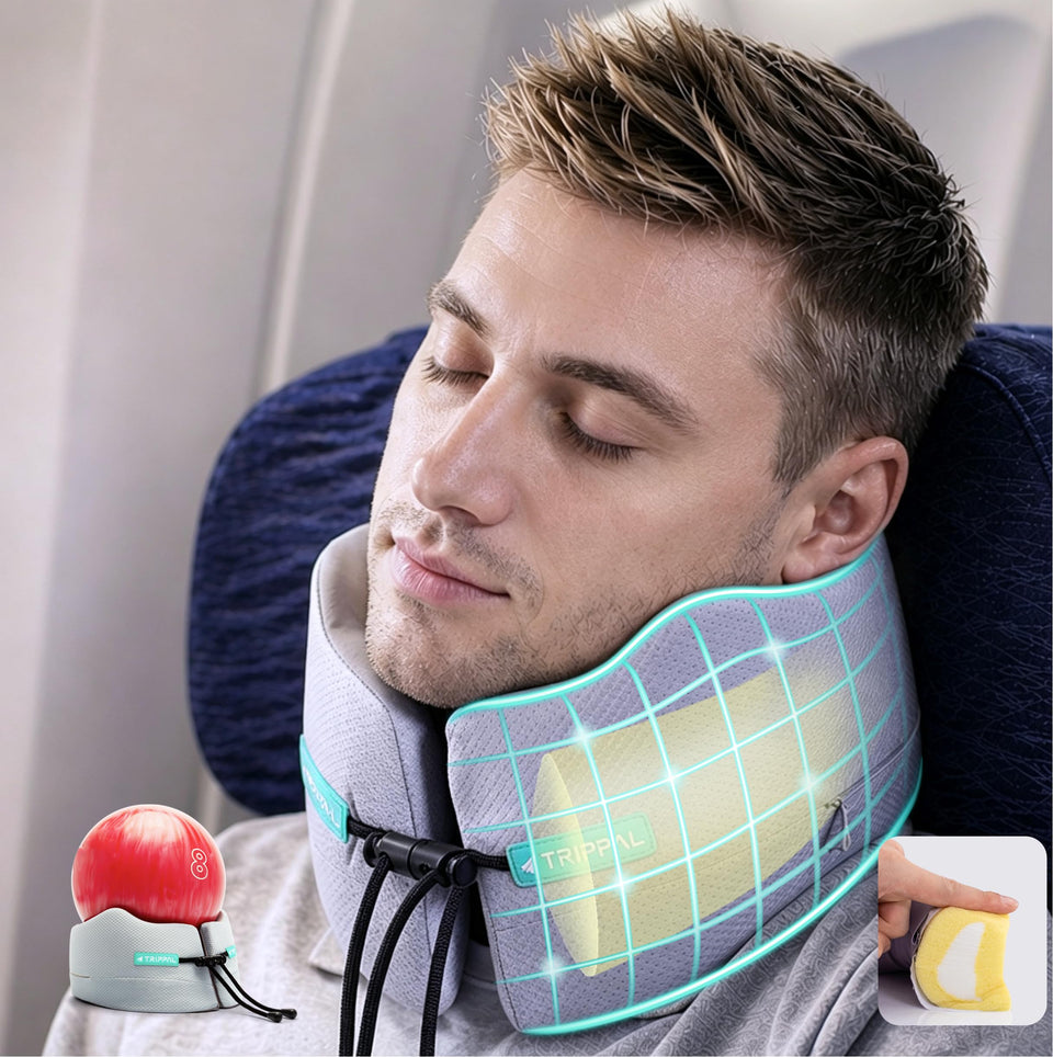 TripPal travel neck pillow with 360° wraparound support for upright sleep on long flights.