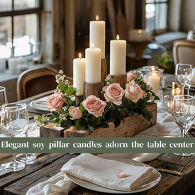 TRIRITE 6-pack white soy pillar candles extended burn time ensures lasting warmth