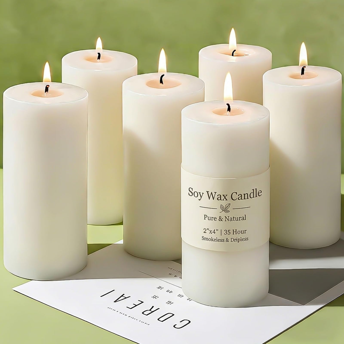 TRIRITE 6-pack white soy pillar candles pack-front for clean, long-lasting home lighting