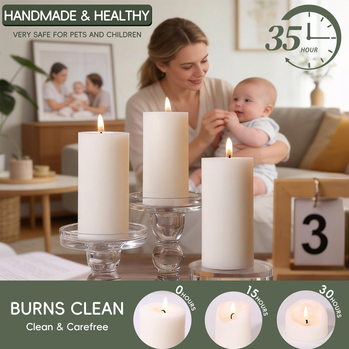 TRIRITE 6-pack white soy pillar candles spa ambiance promotes calm, clean lighting