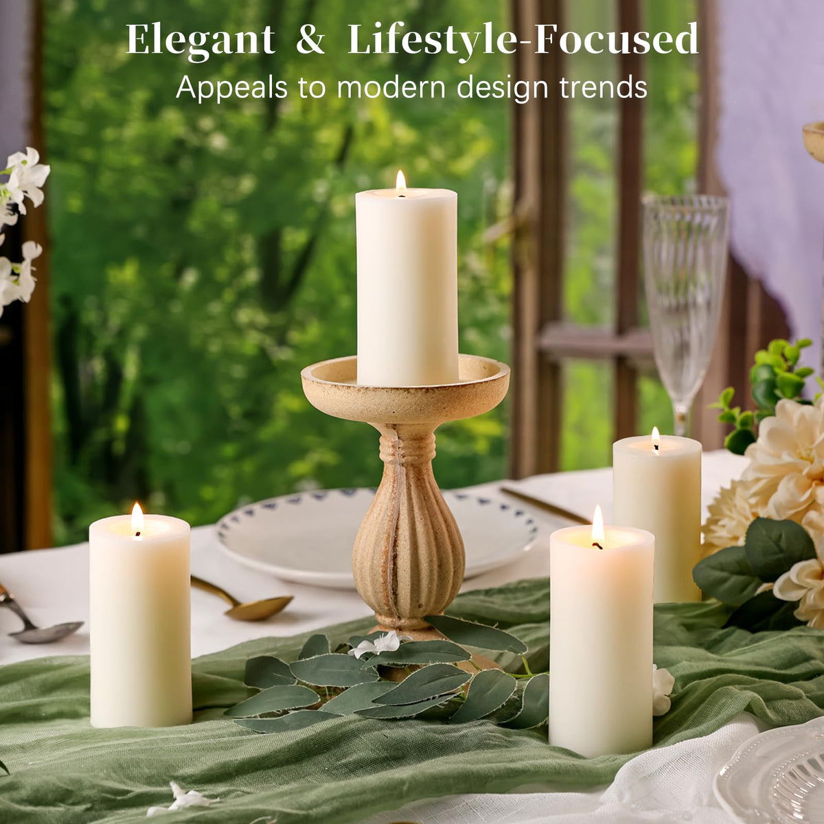 TRIRITE 6-pack white soy pillar candles unlit closeup shows clean, decorative finish