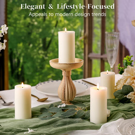 TRIRITE 6-pack white soy pillar candles unlit closeup shows clean, decorative finish