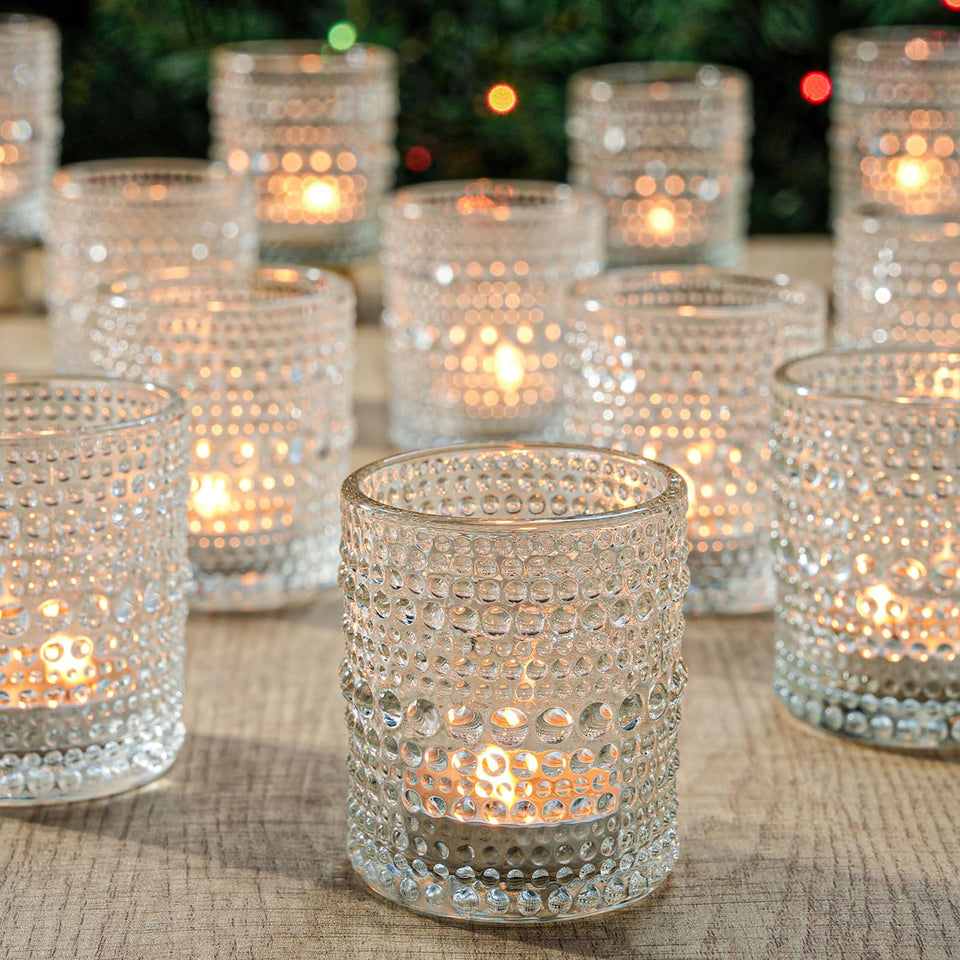 TRIRITE clear votive holders with dot pattern illuminate wedding tables