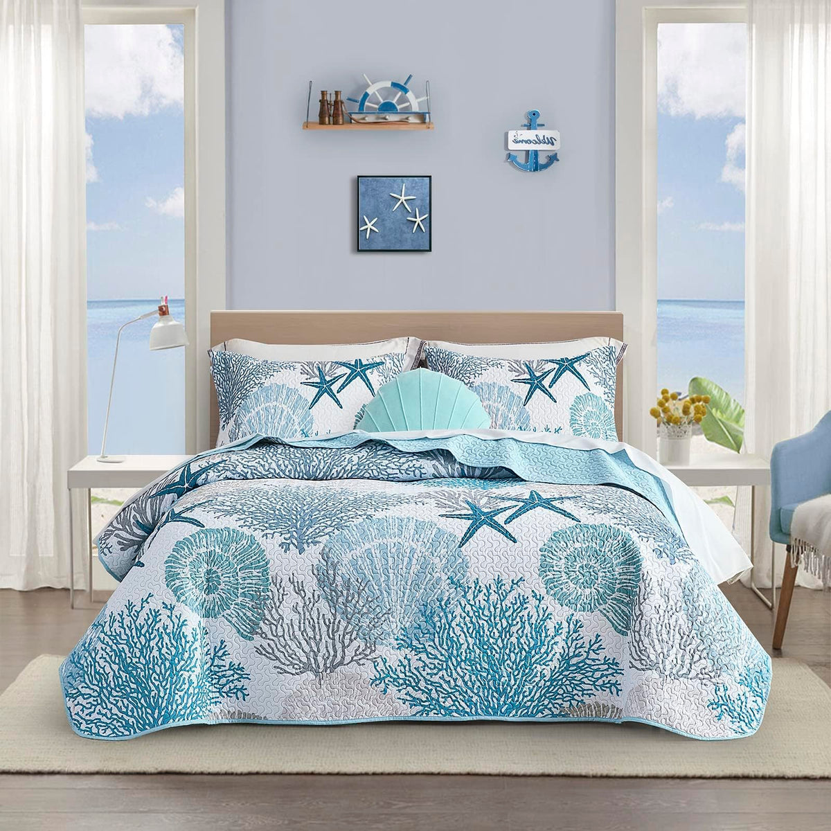 Tritard coastal quilt set full/queen print for stylish beach-inspired bedroom decor