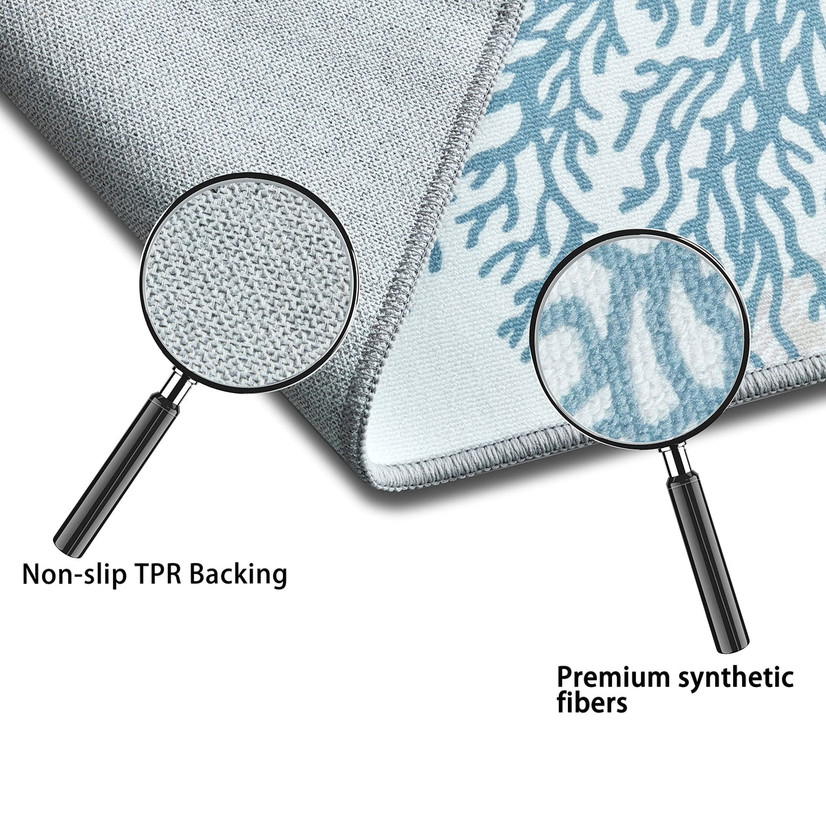 Tritard blue ocean rug brings coastal vibe to kitchens and bathrooms.