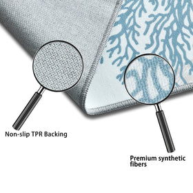 Tritard blue ocean rug brings coastal vibe to kitchens and bathrooms.