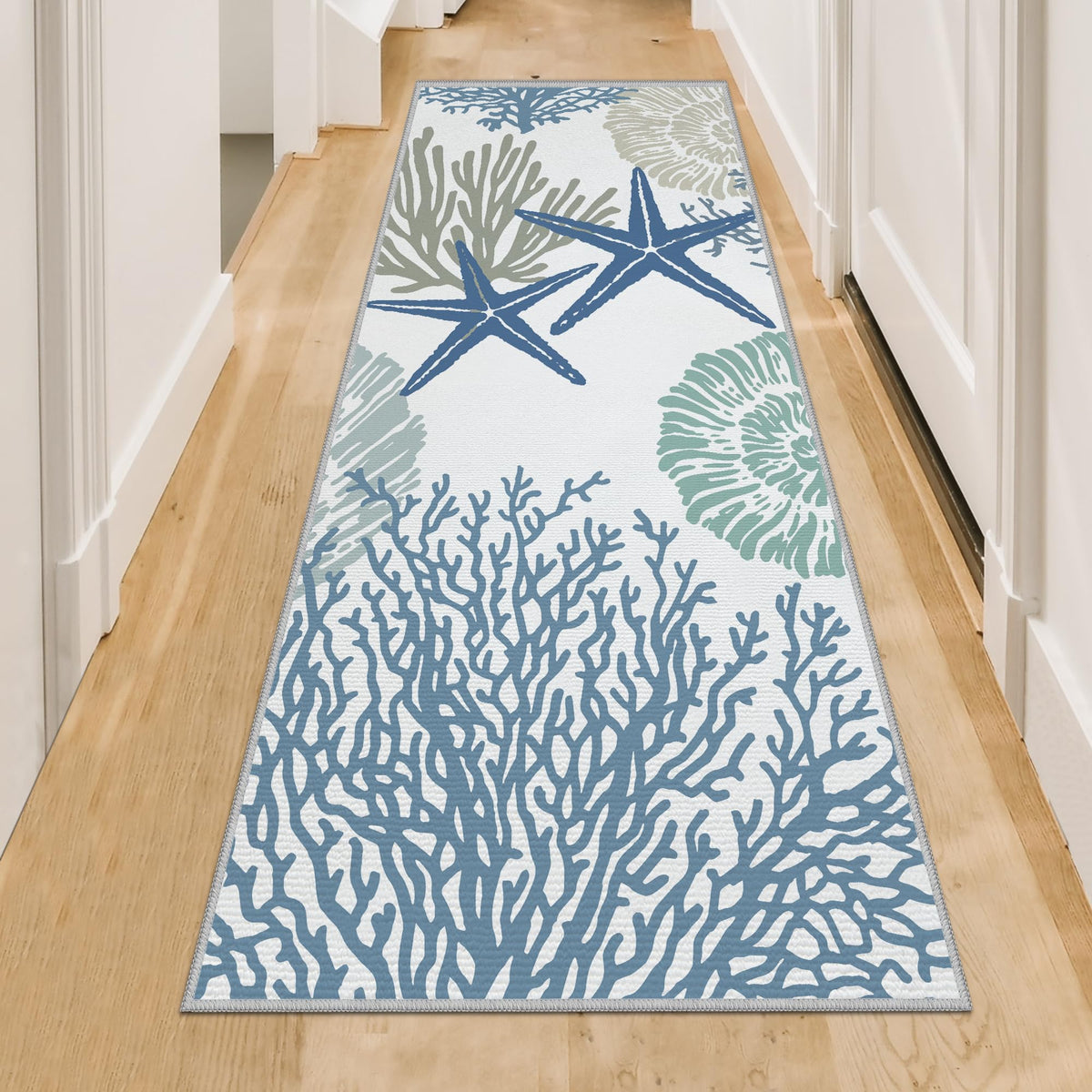 Tritard Coastal Runner Rug with blue seashell pattern for hallways.
