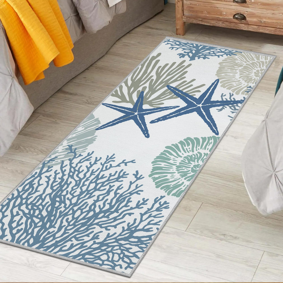 Tritard coastal runner shows starfish design, ideal as living room focal point.