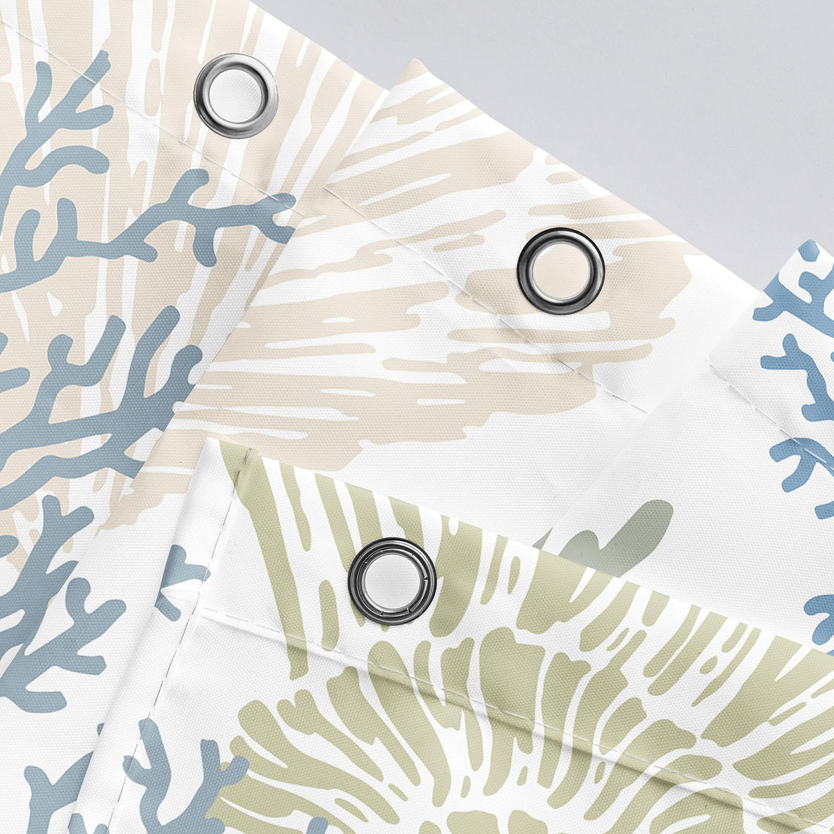 Tritard beach-scene shower curtain creates a fresh seaside ambiance.
