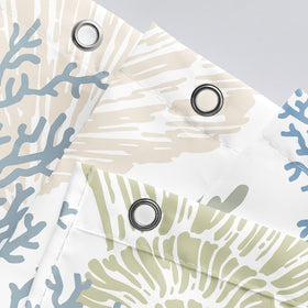 Tritard beach-scene shower curtain creates a fresh seaside ambiance.