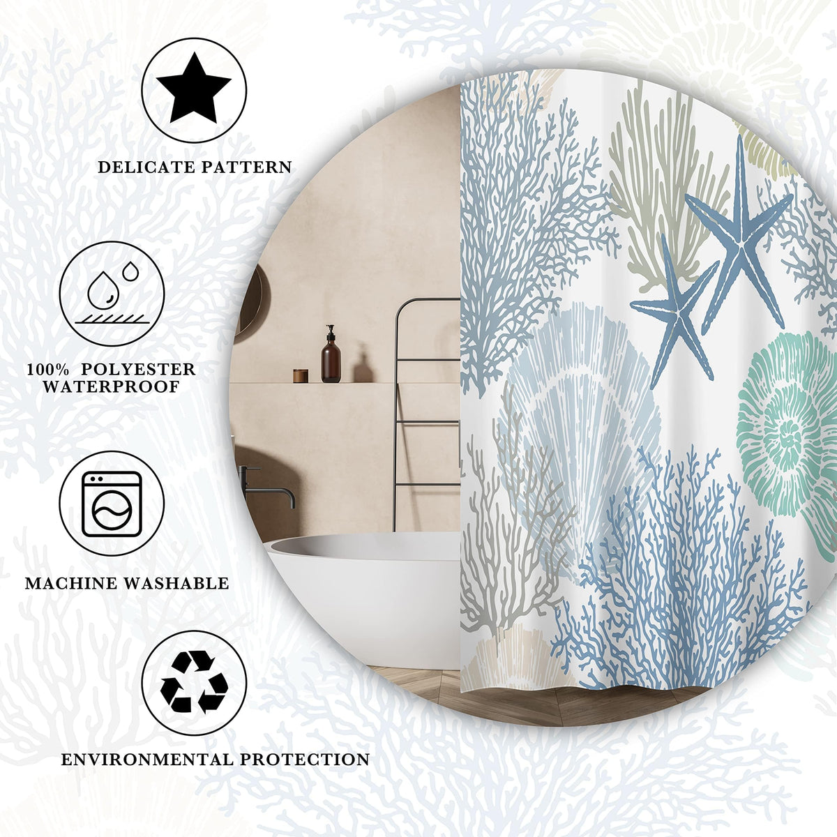 Tritard blue tropical curtain enhances bathroom decor and privacy.