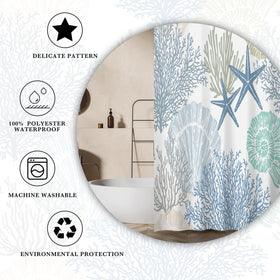 Tritard blue tropical curtain enhances bathroom decor and privacy.