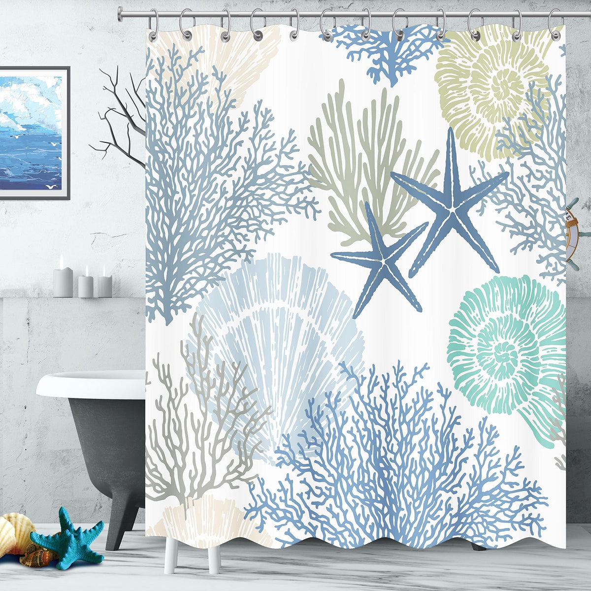 Tritard seashell shower curtain with marine motifs brightens a small bath.