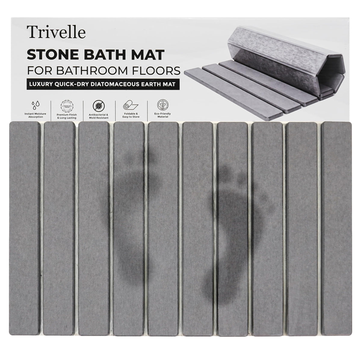 Trivelle extralarge stone bath mat with diatomite porous surface for fast water absorption.