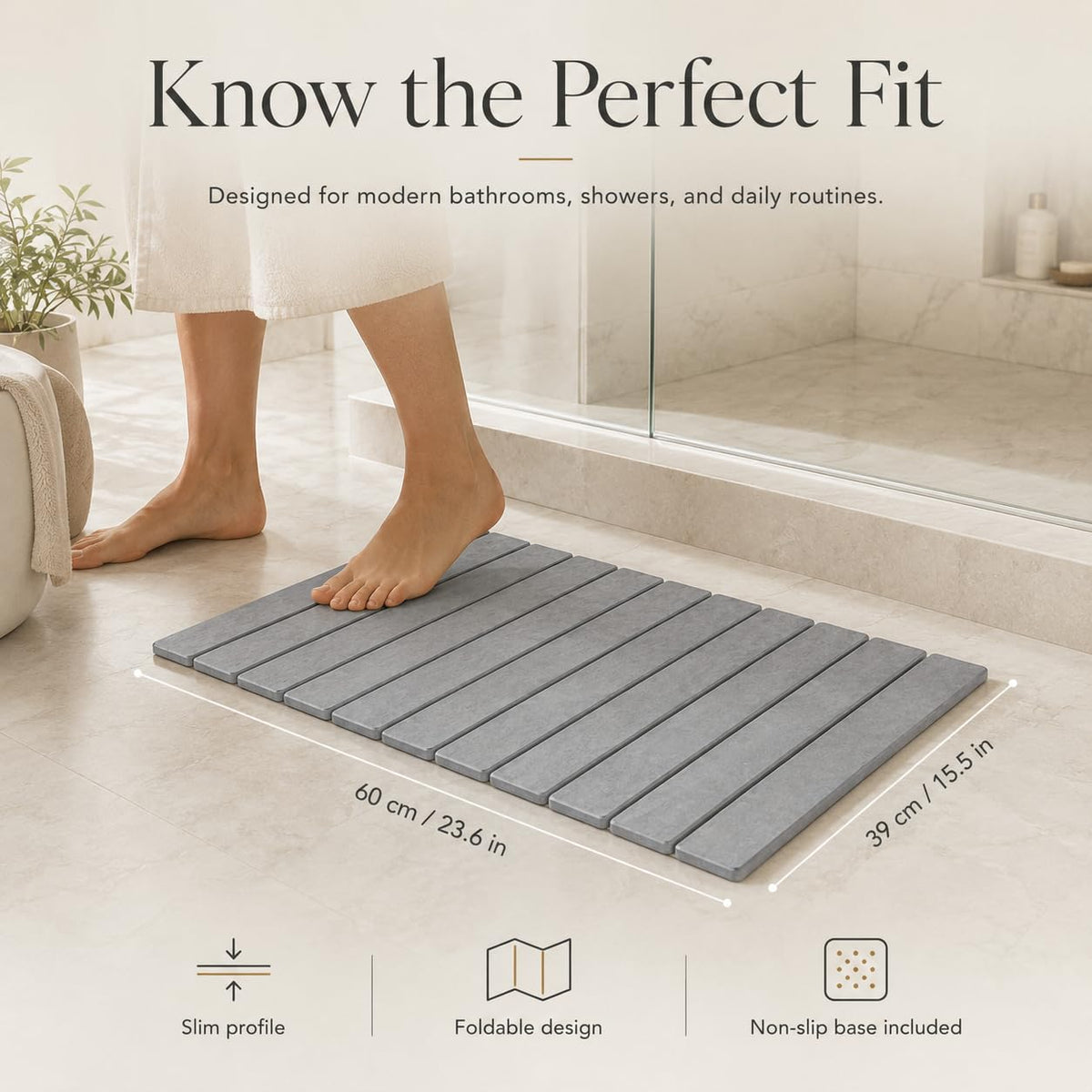 Trivelle extralarge stone bath mat shows extra-large dimensions for full coverage.