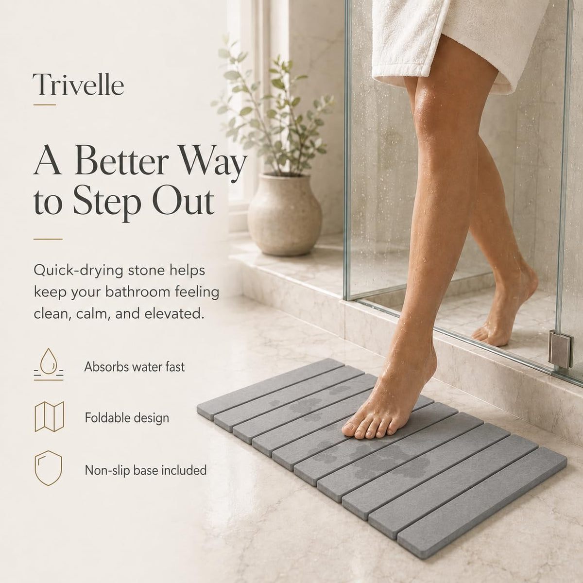 Trivelle extralarge stone bath mat features a modern minimalist design.