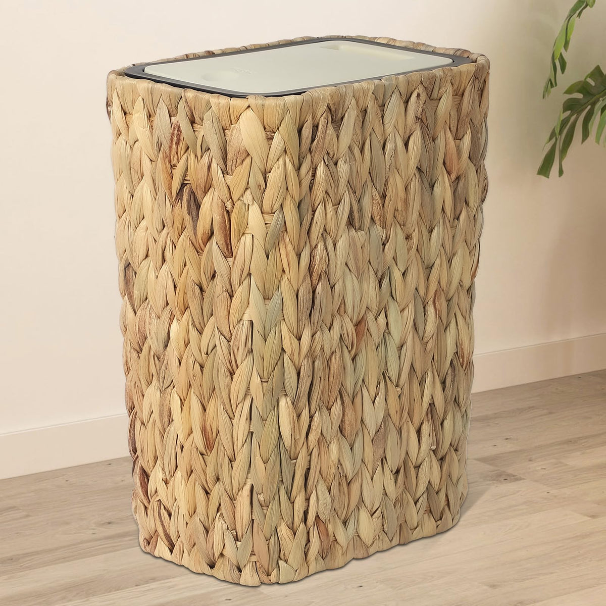 Trongee press-top lid trash can keeps bathroom odors under control.