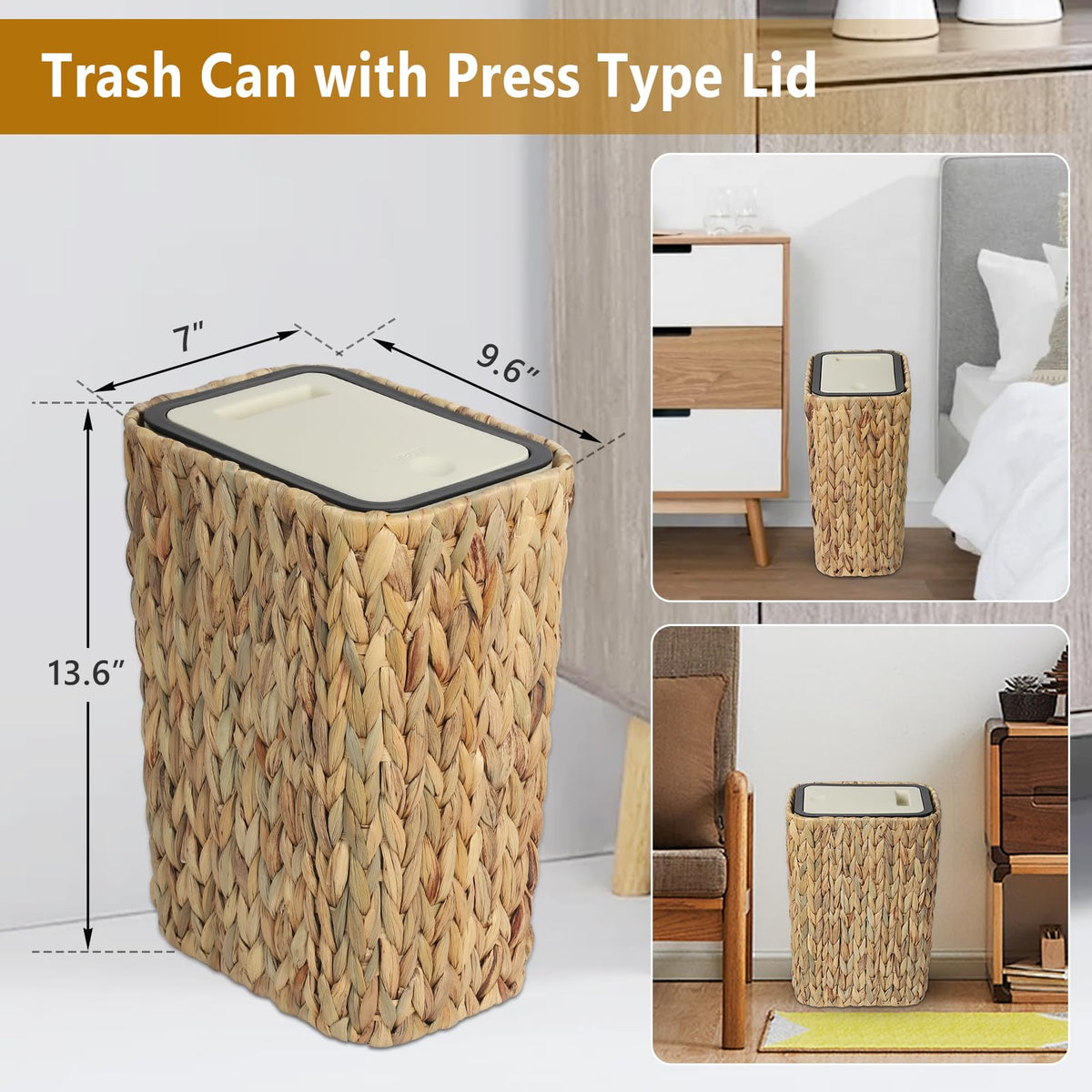 Trongee wicker trash bin adds stylish organization to living rooms.