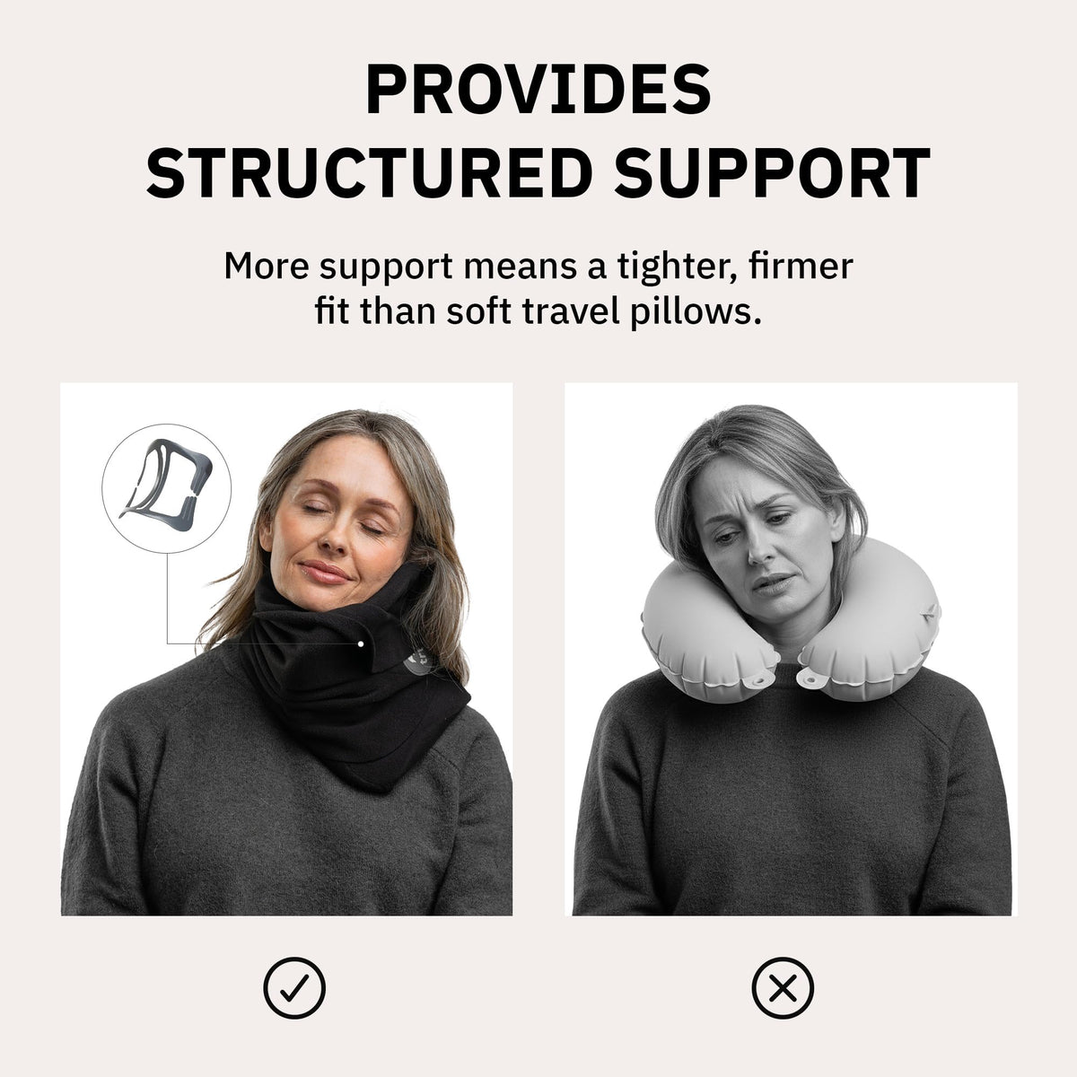 trtl Pillow Plus internal neck support aligns your head for comfort.