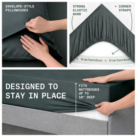 TRUE BAMBOO queen corner straps close-up illustrates slip-free bedding