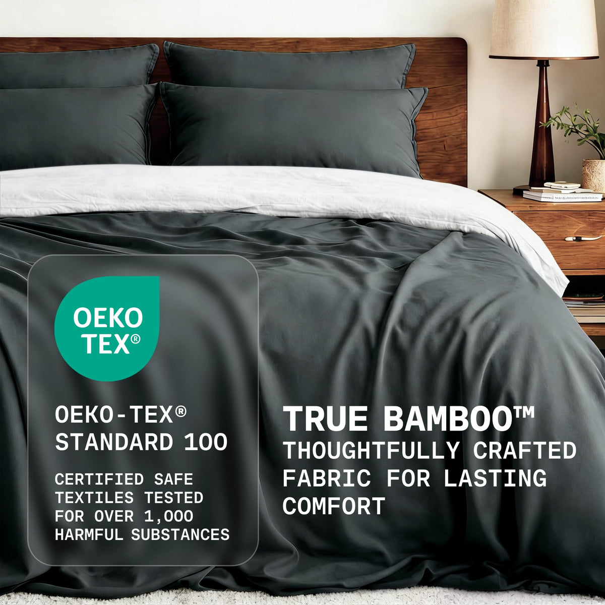 TRUE BAMBOO bed sheets displayed on a neatly made bed for hotel-quality look