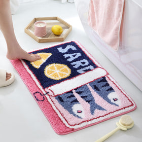 TRUEDAYS Sardine Can Bath Mat with cartoon fish for playful bathroom décor