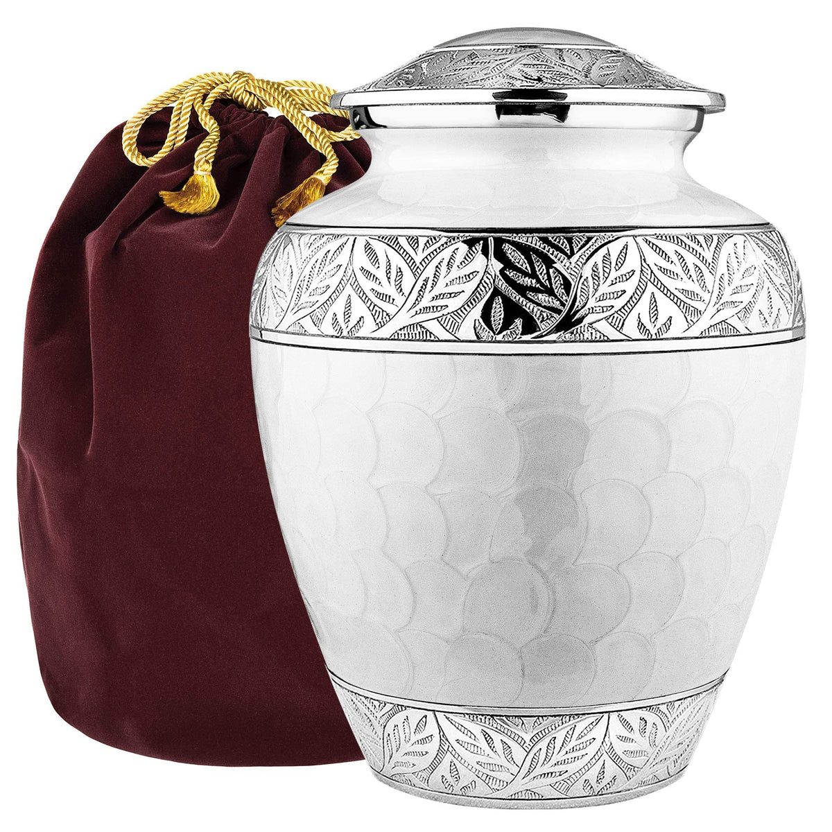 Trupoint Memorials cremation urn for ashes front view with elegant white and silver finish for lasting tribute
