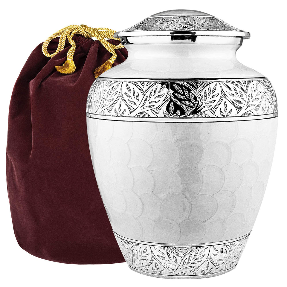 Trupoint Memorials cremation urn for ashes front view with elegant white and silver finish for lasting tribute