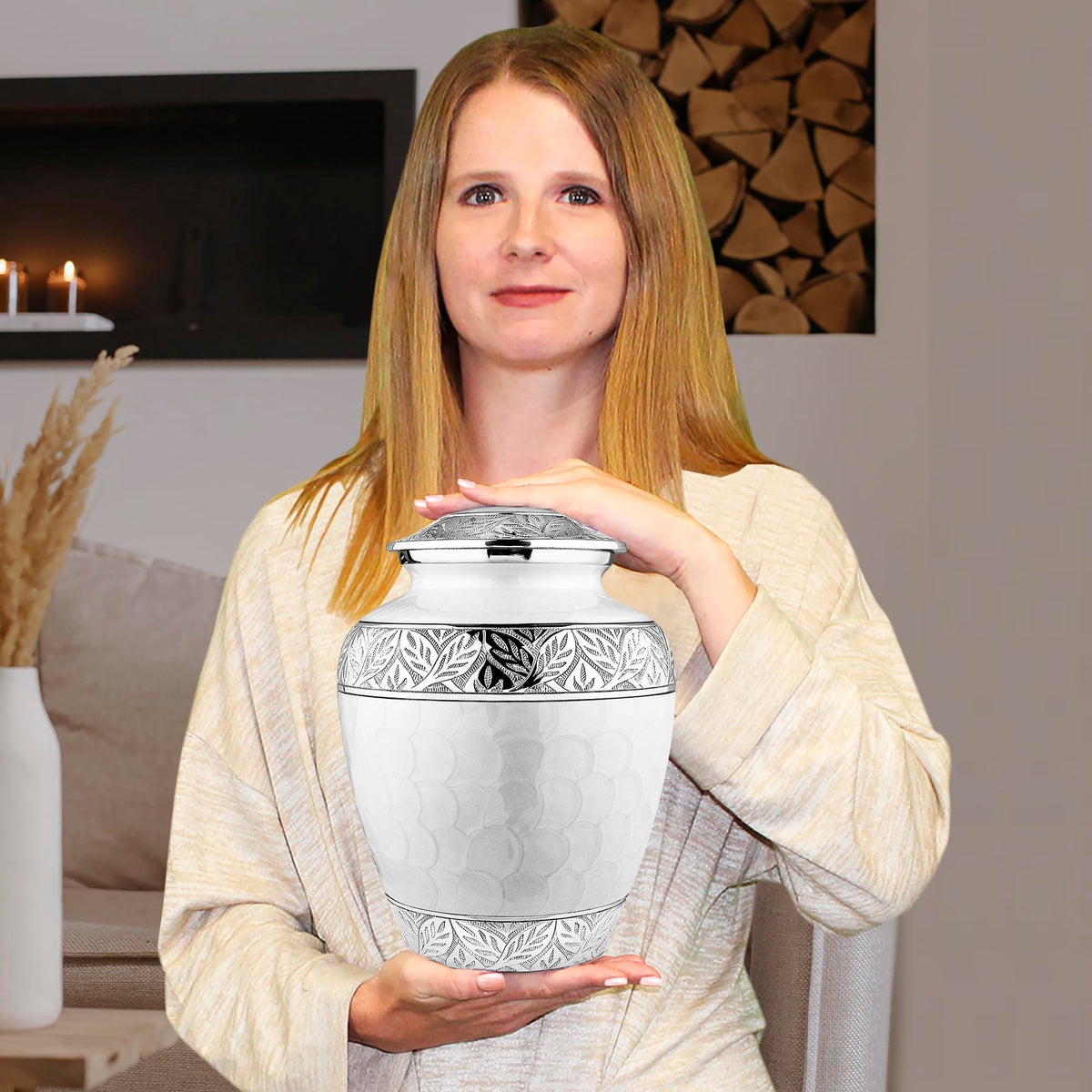 Trupoint Memorials engraved mother of pearl urn close-up highlighting premium craftsmanship
