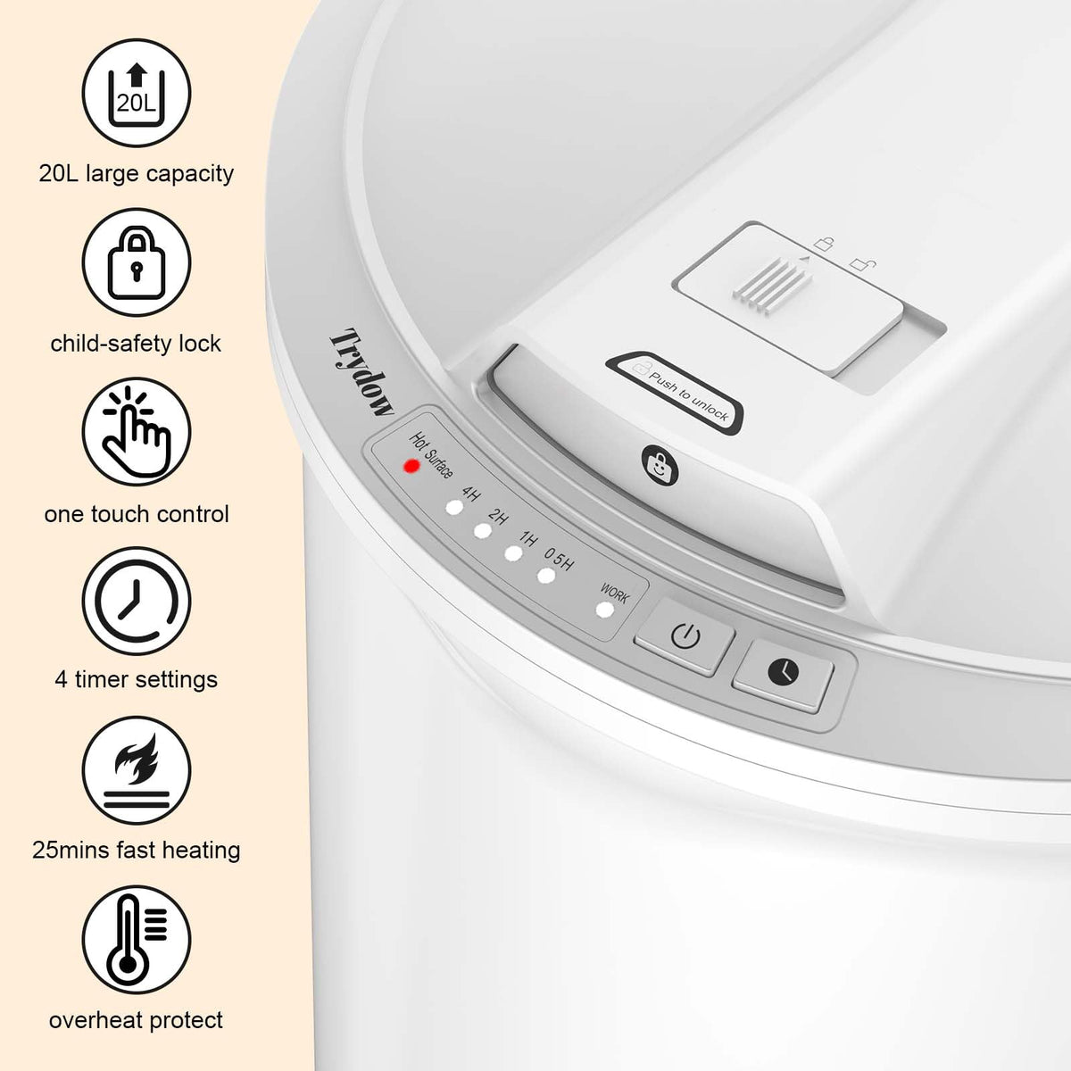 Trydow towel warmer bucket with lid open for easy loading