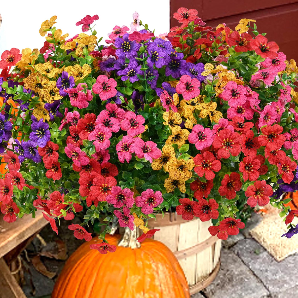 Trytuny 14-pack outdoor artificial flowers add color to porch or garden.
