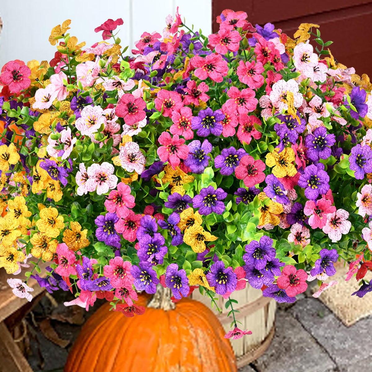 Trytuny outdoor artificial flowers on a front porch with UV resistance.